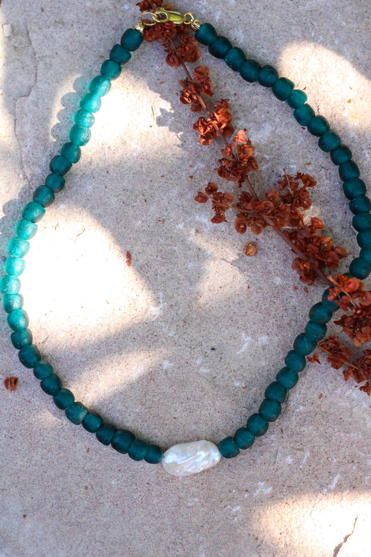 Teal Recycled Bead Necklace - Keshi Pearl