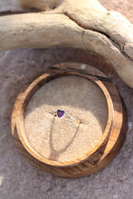 Load image into Gallery viewer, Wooden ring box with a purple opal heart-shaped ring on sand