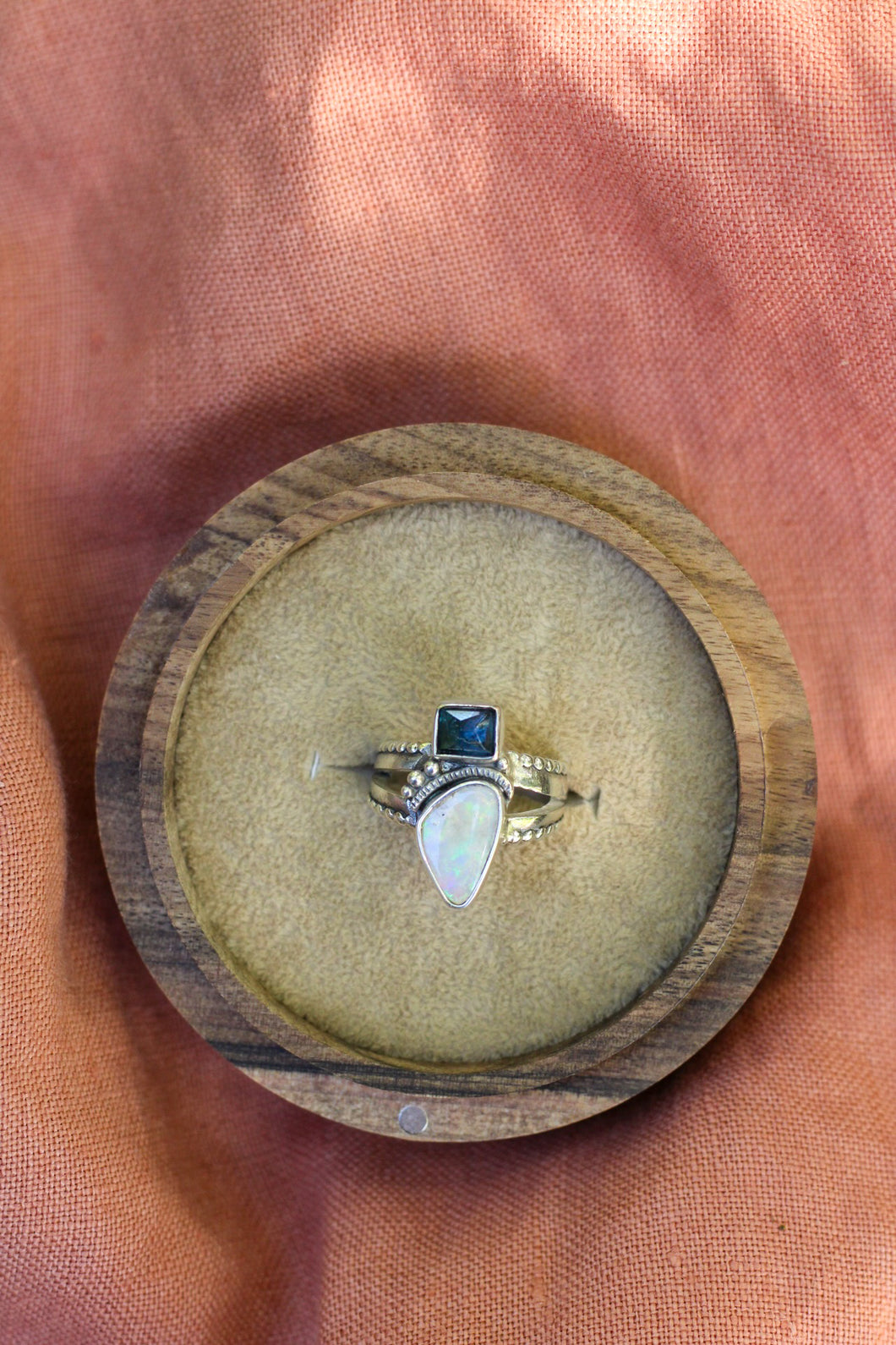 Blue Tourmaline + Australian Opal Ring - Size 6