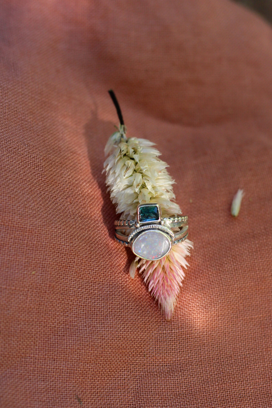 Blue Tourmaline + Australian Opal Ring - Size 8