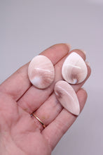 Load image into Gallery viewer, Three shell-shaped stones used for jewelry held in a hand against a plain background
