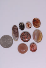 Load image into Gallery viewer, Collection of various polished stones on a white background with a coin for scale.
