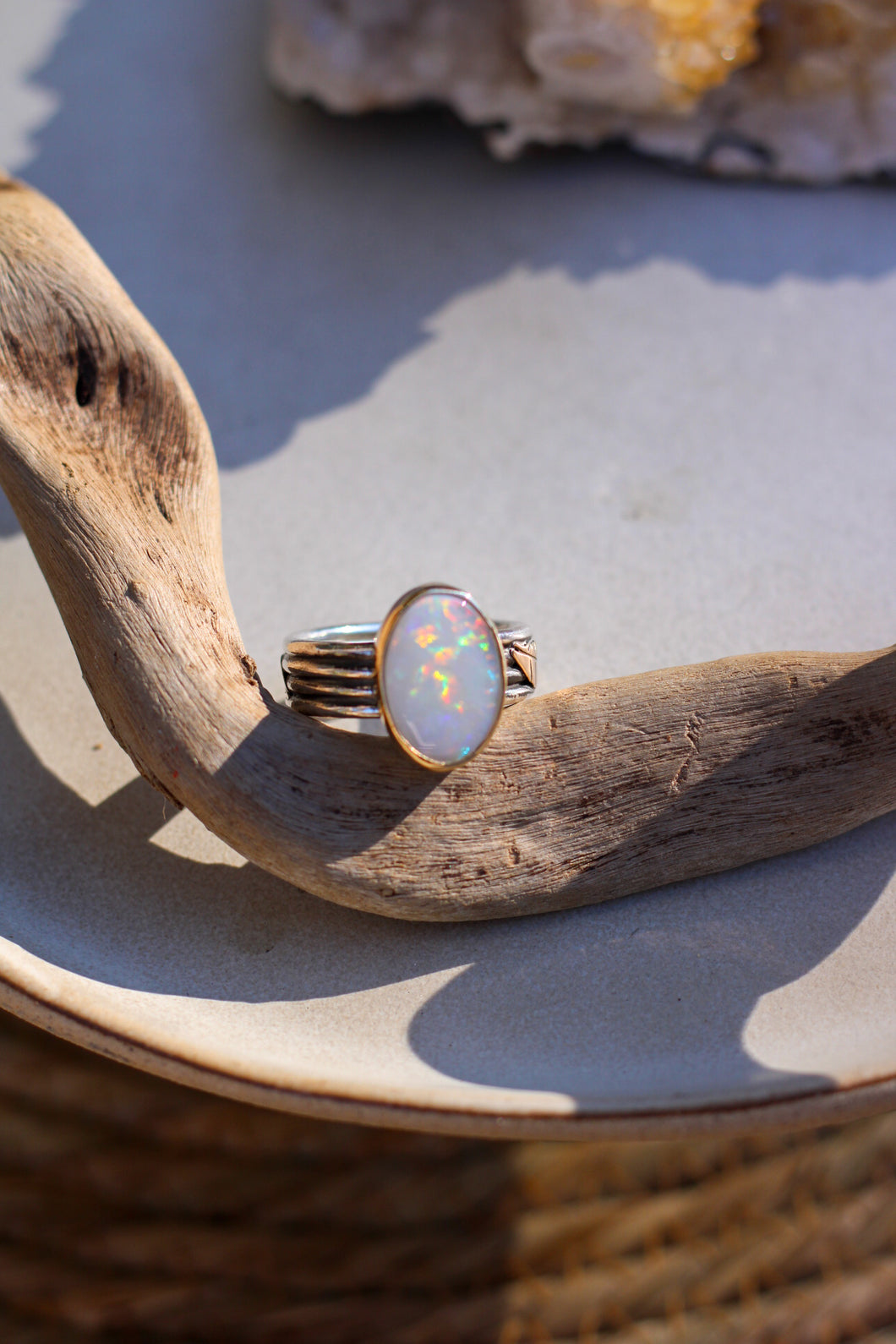•Gilded Leaf Ring/Opal - Size 8.25
