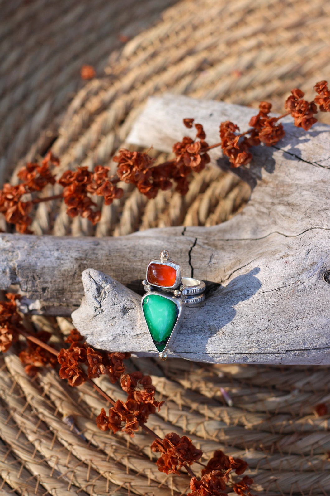 Honeycomb Chalcedony + Emerald Rose Variscite Ring - Size 6