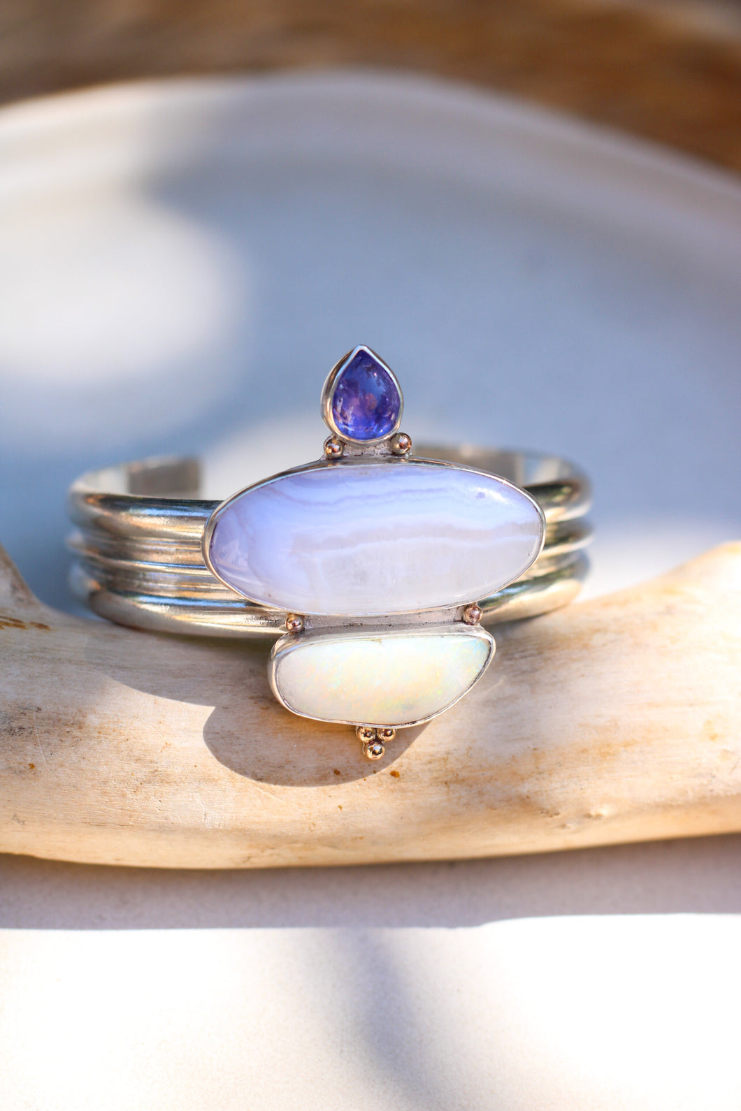 Blue Lace Agate + Tanzanite + Opal Cuff